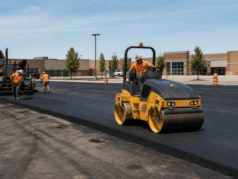 TR Restoration crew and paving equipment on a commercial parking lot